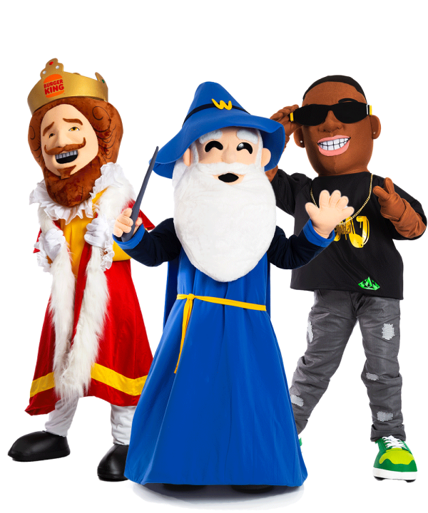 Custom human mascot costumes - examples Burger King mascot, Wizzard mascot and person mascot.