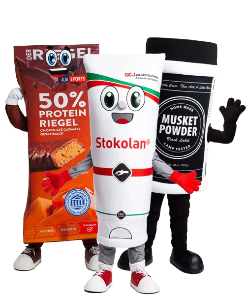 Custom Product Mascot costumes - examples of a fitness bar mascot and other packaging mascot costumes