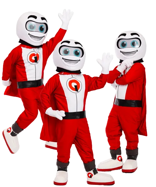 Example of a mass produced mascot costume showing three identical mascot costumes in different poses